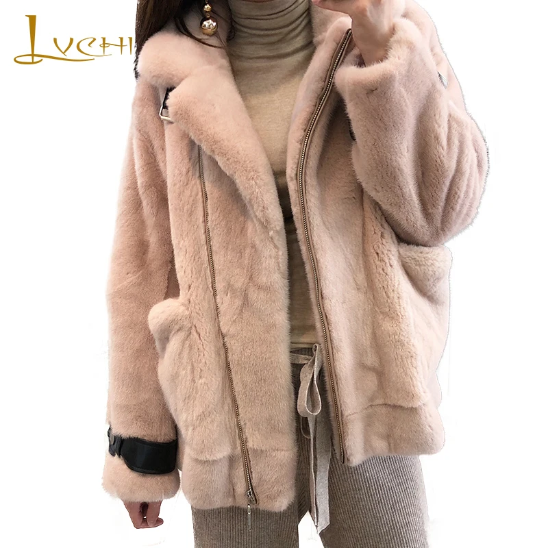 

LVCHI Winter 2019 Imported Real Mink Fur Coat Women's Zipper Long Sleeve Pink Jacket Coat Short Turn-Down Collar Slim Mink Coats