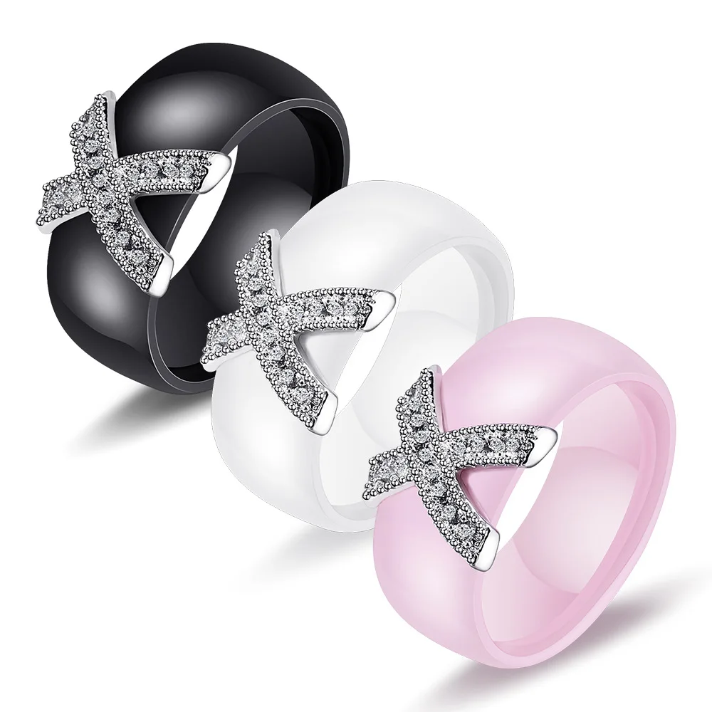

Black White Ceramic Rings Fashion Jewelry Women Crystal Ring Charm Gifts Classic Engagement Party Wedding Bands