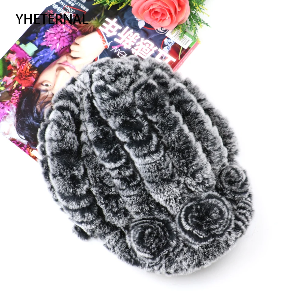 YHETERNAL Winter Fur Hat for Women Real Rex Rabbit Fur Hats with Flower Knitted Beanies Caps New High-end Women Fur Cap eaves