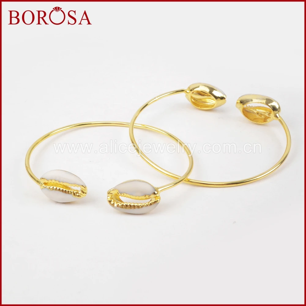 

BOROSA 1PCS Natural Shell Bangle,Gold Color Cowrie Shell Adjustable Bangle Druzy Drusy for Women High Quality G1283