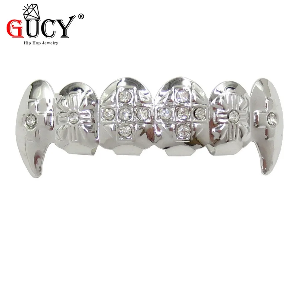 GUCY золото Цвет покрытием льдом CZ зубы GRILLZ шапки крест верхней и нижней зуб шапки хип-хоп Bling грили комплект Рождественский подарок