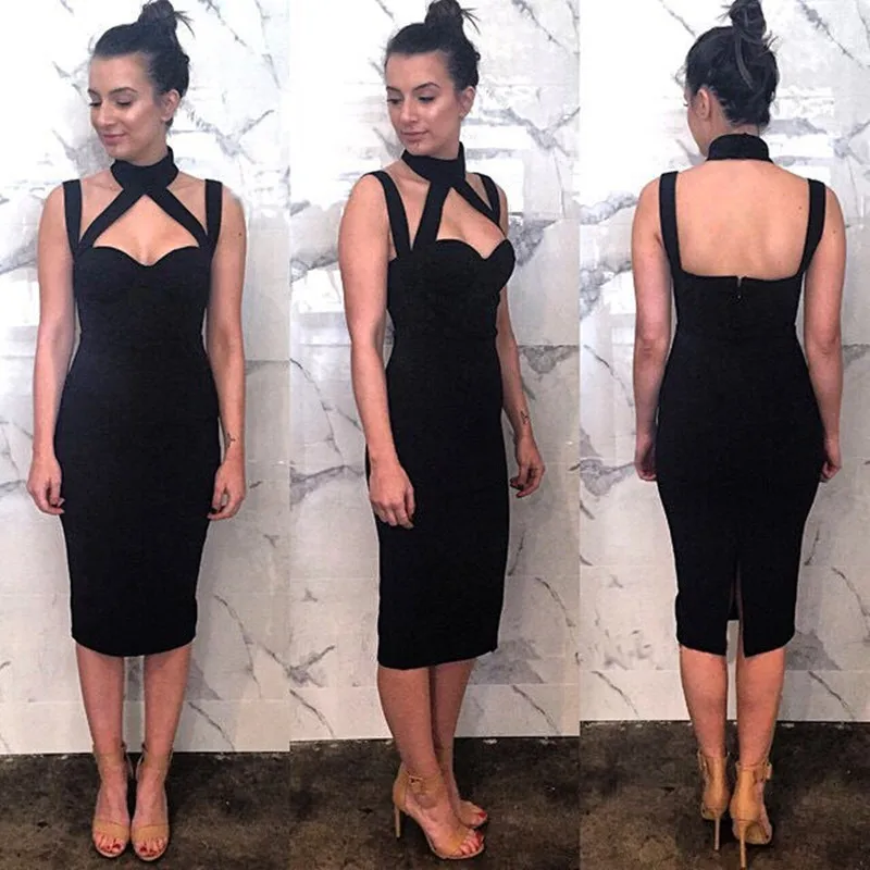 Женское платье на бретелях спагетти Черное вечернее с лямкой шее и разрезом лето