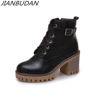 JIANBUDANфирменный дизайн; Осенние женские ботинки на высоком каблуке; Ботинки на молнии для мотоцикла из искусственной кожи; Теплые зимние ботинки из плюша; Размеры 34-43