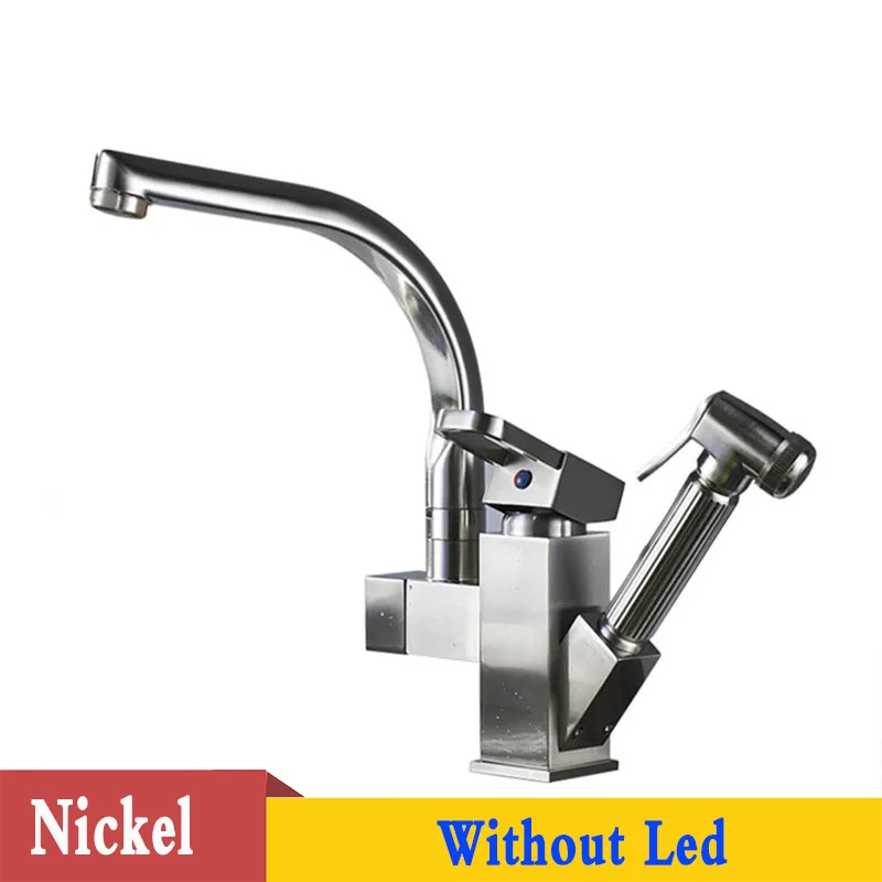 nickel no led POIQIHY Chorme вытяжные Кухонные смесители с двойным носиком, кухонные смесители на бортике, опрыскиватель для душа, кухонные краны, смеситель для горячей и холодной воды - Цвет: nickel no led