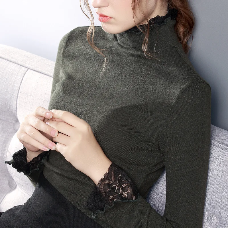 Женская кружевная водолазка белая черная или хаки Базовая Блузка с длинным