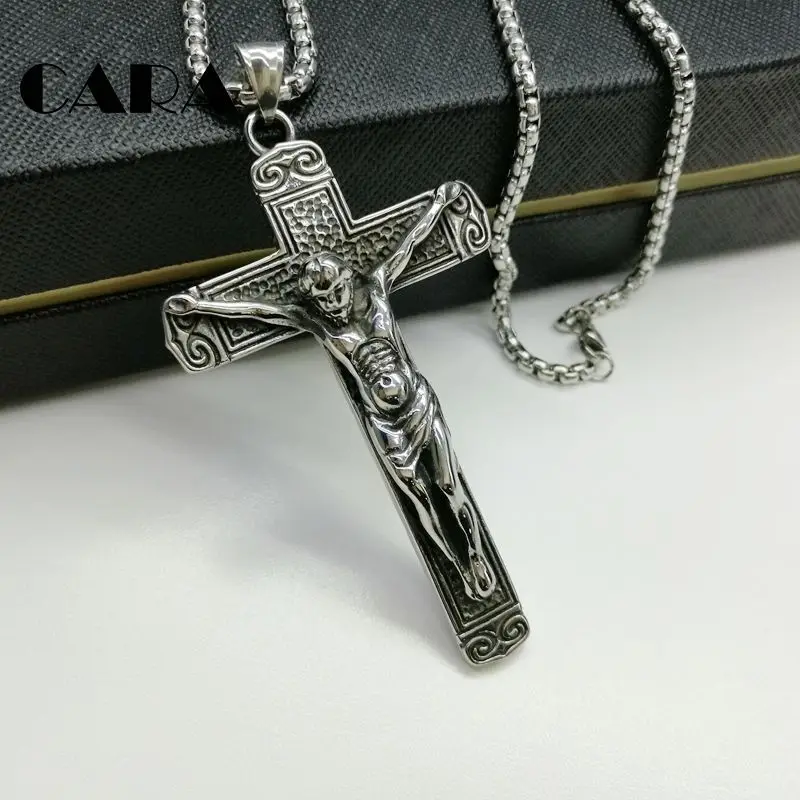 

Crucifix Cross Jesus Piece Pendant & Necklace silver Color 316L Stainless Steel Men Chain Christian Jewelry CARA0129