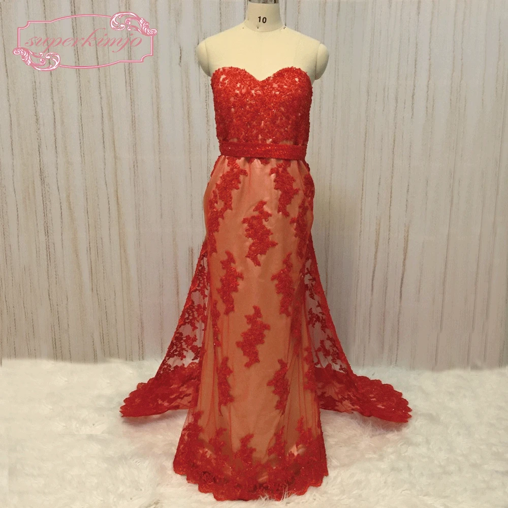 

SuperKimJo Vestido Longo Detachable Skirt Evening Dresses 2020 Lace Applique Beaded Red Mermaid Evening Gown Abendkleider