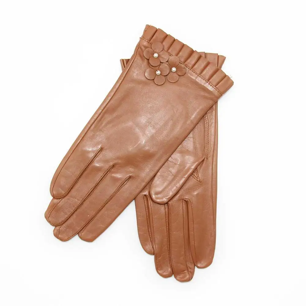 khaki Перчатки из чистой кожи женские перчатки осень зима новые ветрозащитные теплые кисточки маленькие перчатки с цветами натуральная овчина варежки - Цвет: khaki