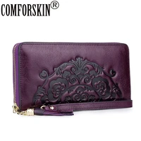 comforskin new arrivals long vintage tassel wallet luxury 100 genuine leather large capacity women zipper purses with hand rope