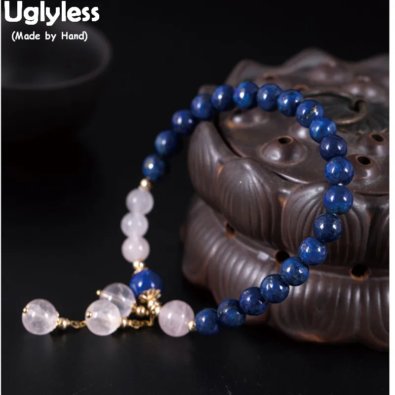 

Uglyless Real 925 Sterling Silver Fine Jewelry for Women Handmade Beading Lapis Bracelets Elastic Rope Crystal Tassel Bangles