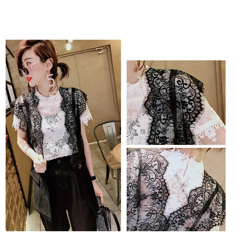 

Sexy Tops Lace Vest Women Sleeveless Jacket 2019 European Station New Slim Summer Thin Coat Hollow Out Spliced Waistcoat f1125
