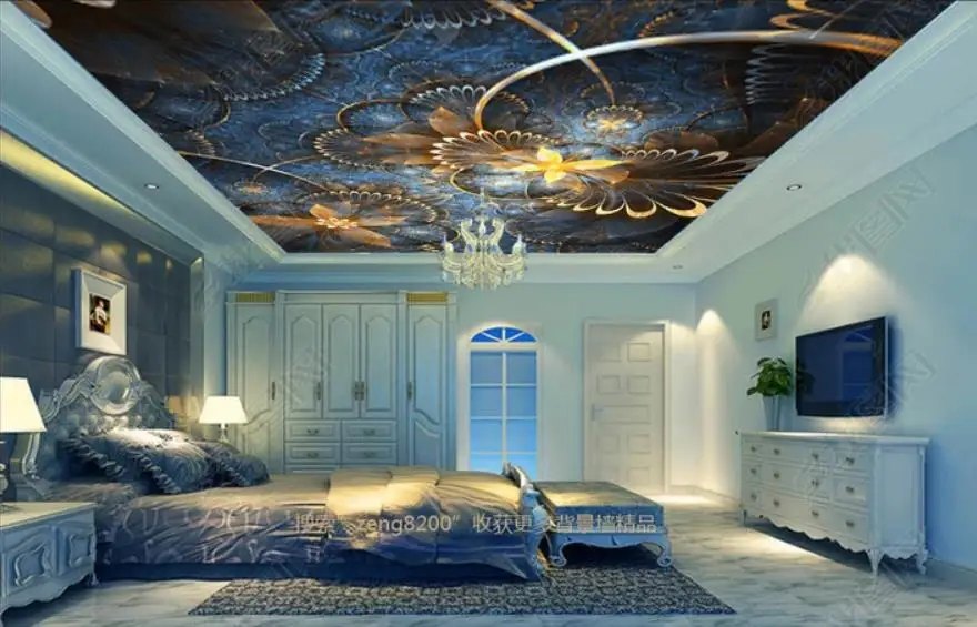 3 D Wallpaper For Walls Custom 3D Ceiling Blue elegant golden flower Wall Wallpapers Living room Photo | Обустройство дома