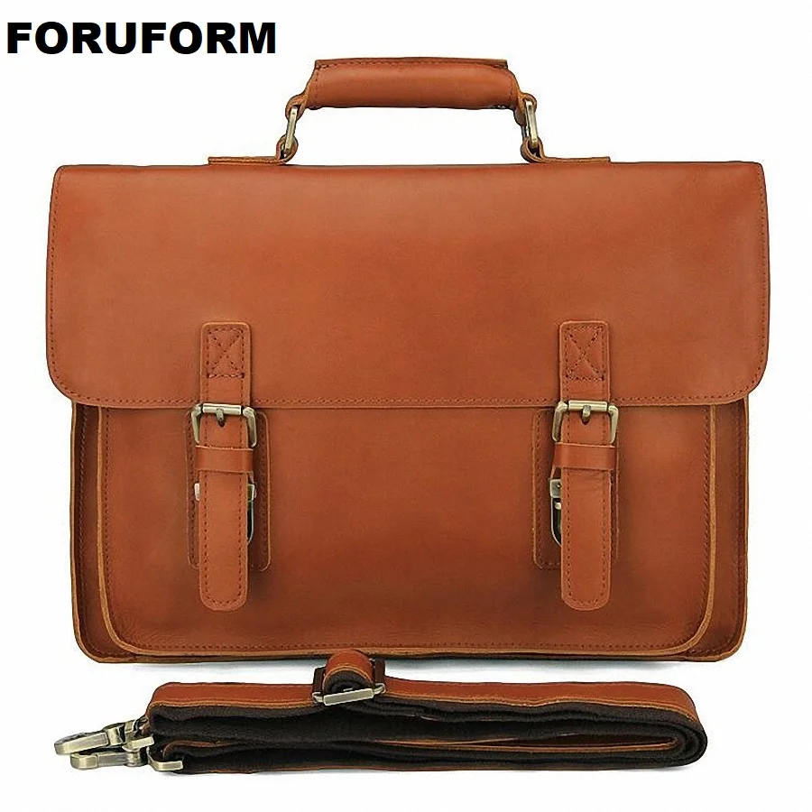 Men's Genuine Leather Briefcase 14 Inch Big Real Leather Laptop Tote Bag Cow Leather Business Bag Brown Messenger Bag