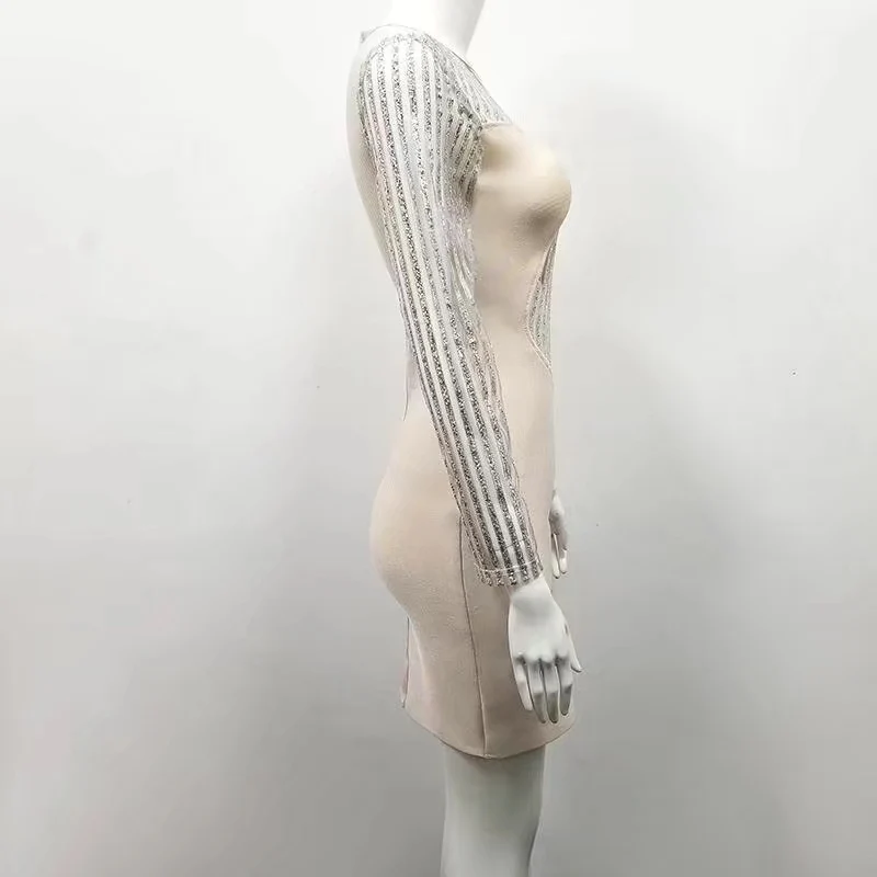 Женское Сетчатое платье с длинным рукавом элегантное бежевое составного кроя О