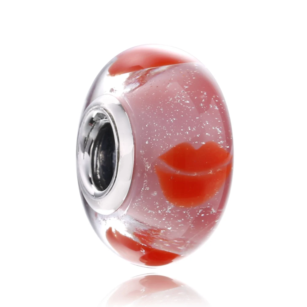 Kiss Glass Charm Lovecabin 925 пробы серебро Валентина ювелирные изделия фуксия форма любви шарм фуксия Роза Кристалл подходит бренд Шарм Браслет - Цвет: Kiss Glass Charm