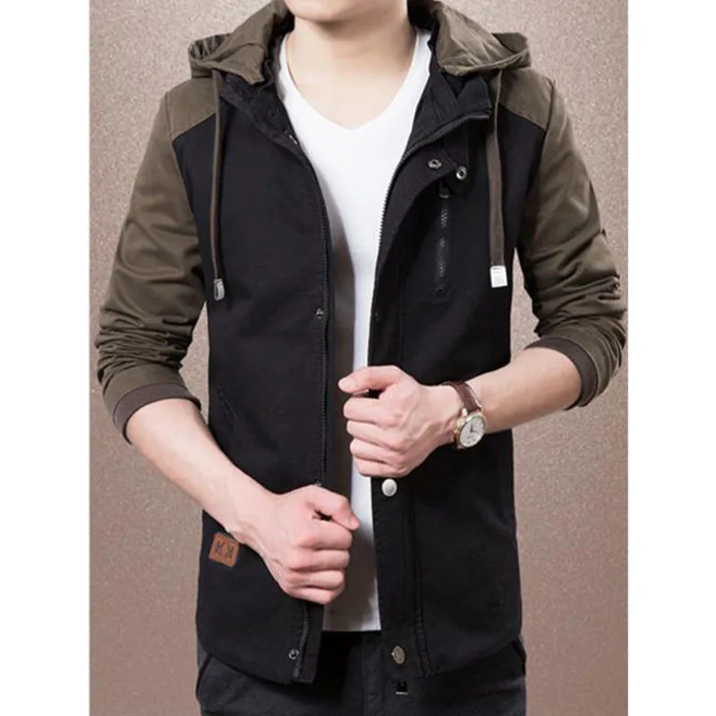 Мужская повседневная куртка с капюшоном черная однотонная приталенная