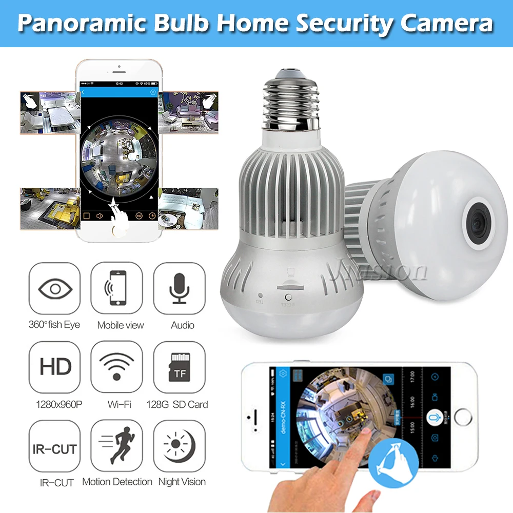 

WiFi Mini Bulb Panoramic Camera 960P HD Fisheye IR Night Vision Surveillance Motion Detection IP 360 Degree Cam Support 128GB