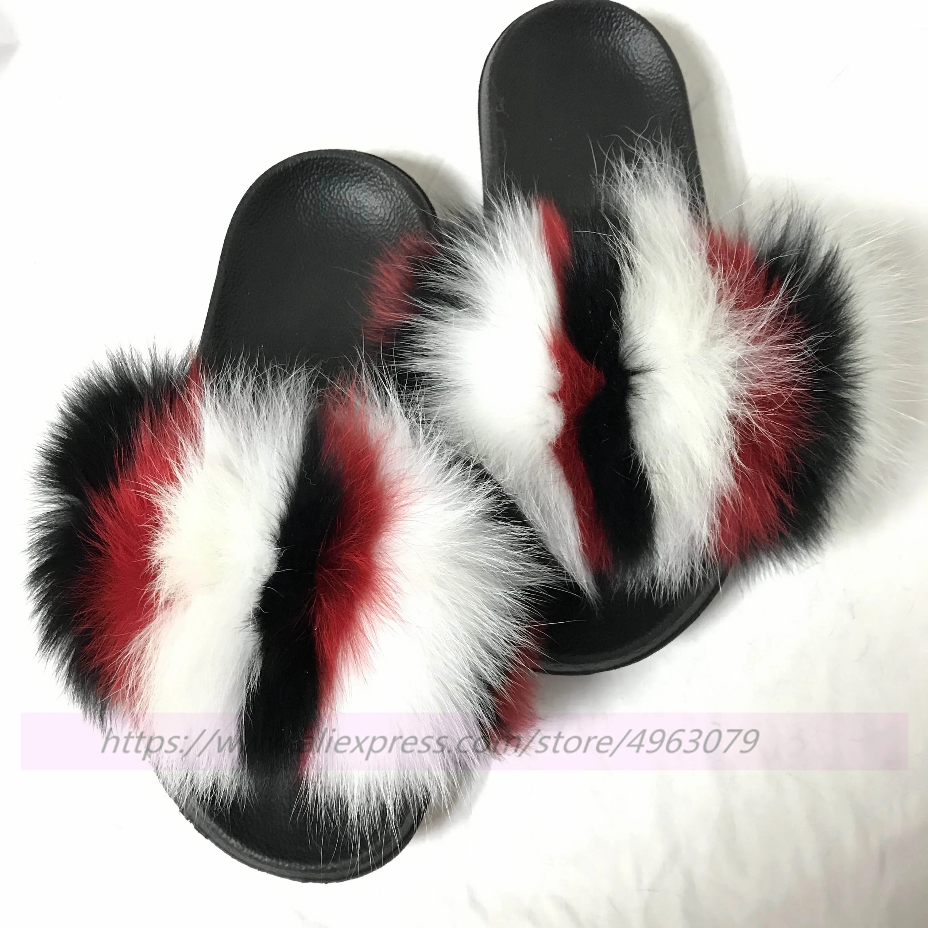 FunFur/трехцветные шлепанцы на натуральном меху лисы Цвет белый черный красный