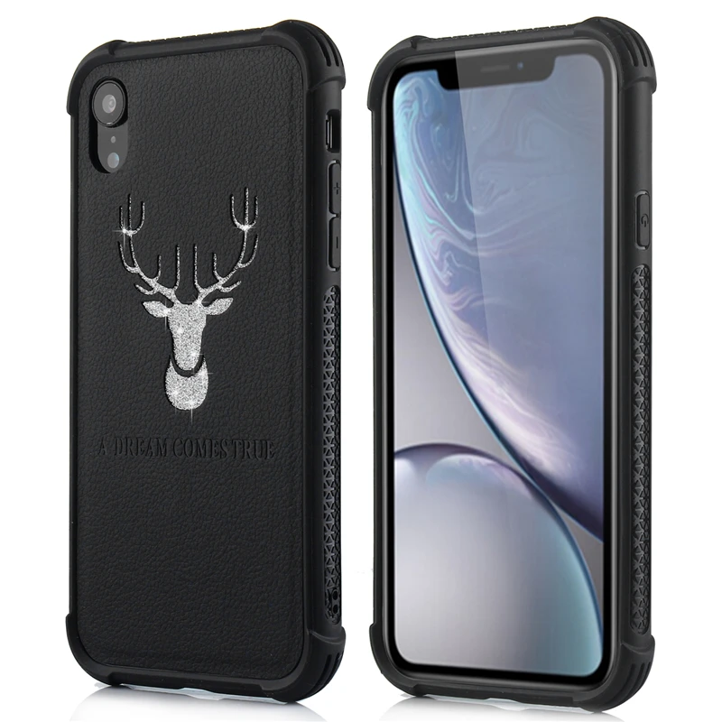 Luxury Glitter Deer Black Red shell for iPhone 6 6S 7 8 plus lucky TPU PC Leather X XS Max Four-corner Anti-fall Case XR |