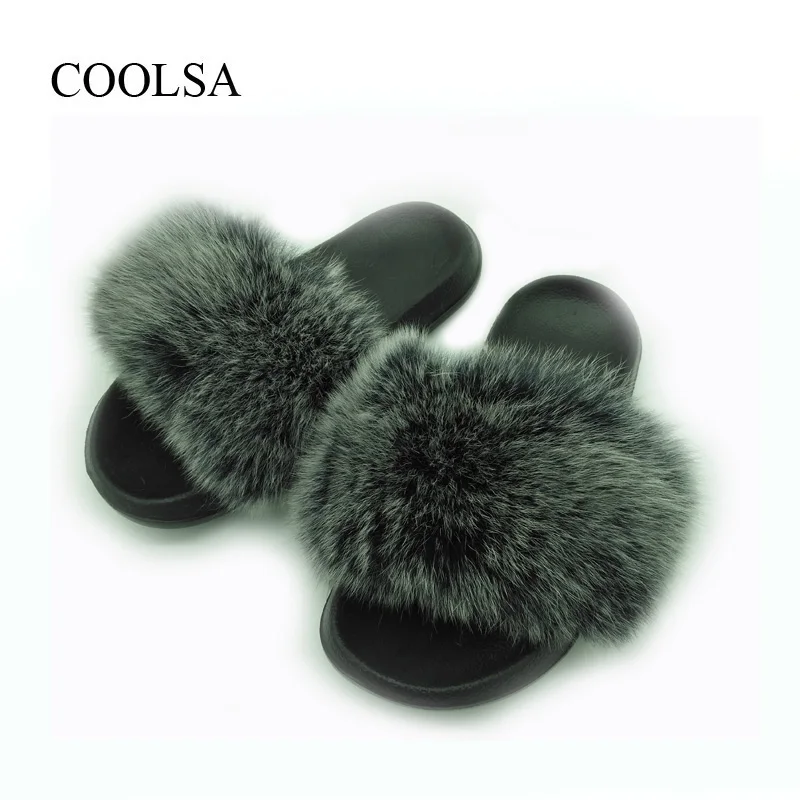 Frost Black COOLSA/женские шлепанцы из натурального Лисьего меха; женские летние домашние меховые тапочки; женские нескользящие теплые меховые плюшевые шлепанцы; Прямая - Цвет: Frost Black