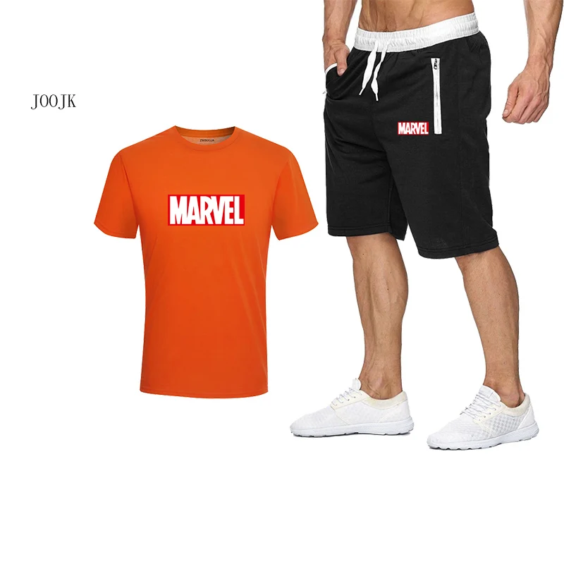 2019 Бесплатная доставка комплекты MARVEL с принтом Мужские футболки + штаны из двух