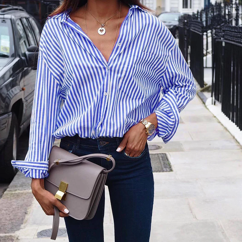 Женская Формальная блузка размера плюс S-6X в полоску с отложным воротником топ