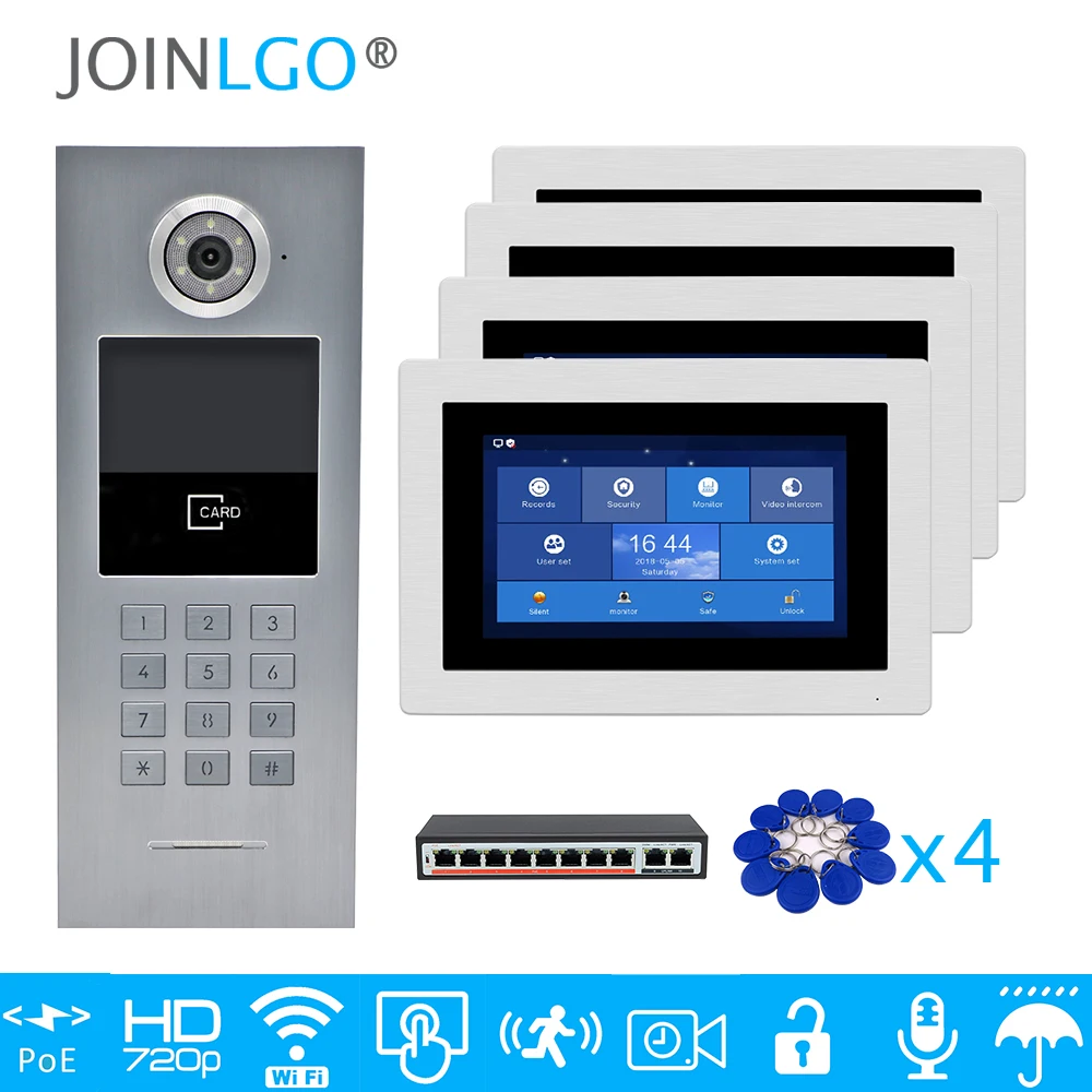 

Free Shipping 4 Apartments POE 720P IP Wifi 7" Touch Screen Record Video Intercom Door Phone Code Keypad RFID Outdoor Camera