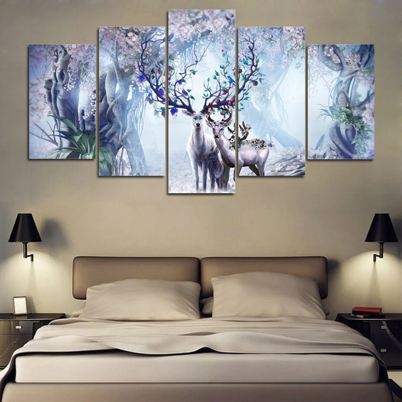 Wall Art Canvas Painting Frame HD Print 5 Pieces dream field Forest Landscape Animal Deers Poster Living Room Home Decor Picture | Дом и сад