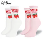 Носки женские, жаккардовые, с надписями молочного цвета, ярких цветов, в белую и розовую полоску, Le51940, лето носки с изображением клубники