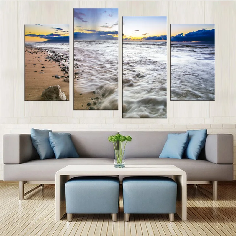4 панели Пляж пейзаж Картина росписи украшения гостиной холст печать Современная