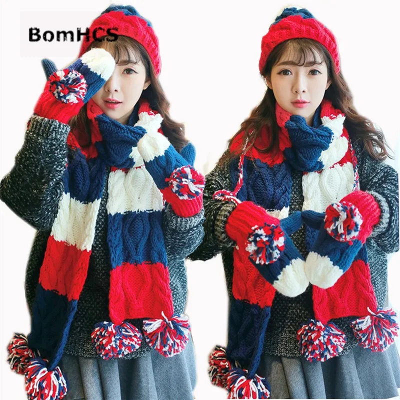 BomHCS/костюм из 3 предметов (шапка + перчатки шарф) 100% ручная работа вязаная женская