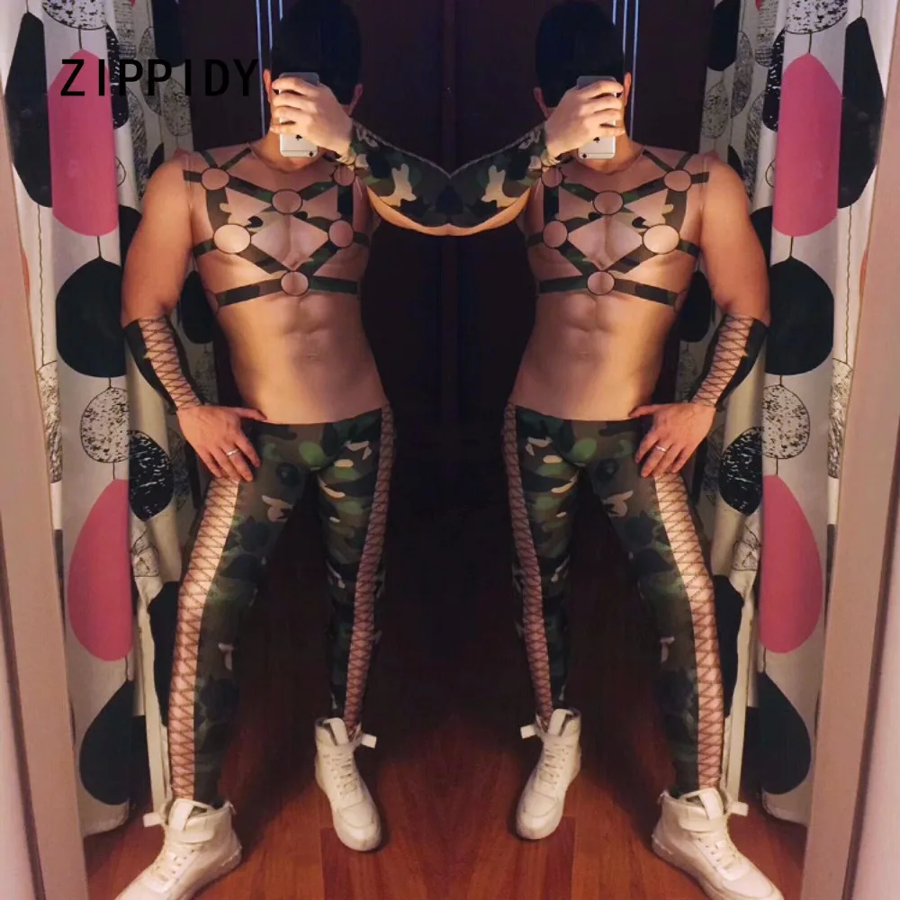 New Style Camouflage Printed False Muscles Bandage Design Men's Jumpsuit Nightclub Bar Ds Stage Show Rompers Big Stretch Costume