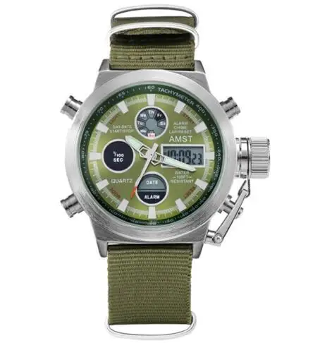 ATSM Wrangler, мужские часы, 50 метров, с кожаным ремешком, военные часы, мужские водонепроницаемые спортивные кварцевые часы с будильником, новинка - Цвет: S-green