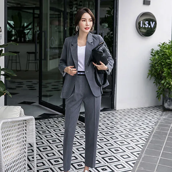 Grey 2 Piece set Новинка весны, Женский блейзер с длинным рукавом, костюмы, двубортный топ, штаны с эластичной резинкой на талии, формальные, элегантные, S8D511J - Цвет: Grey 2 Piece set