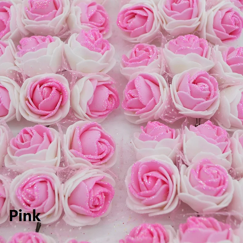 pink 36 шт./лот двойной цвет мини ПЭ пена Роза из искусственного шелка Цветы головы с блестками порошок для свадебной вечеринки домашний декор - Цвет: pink