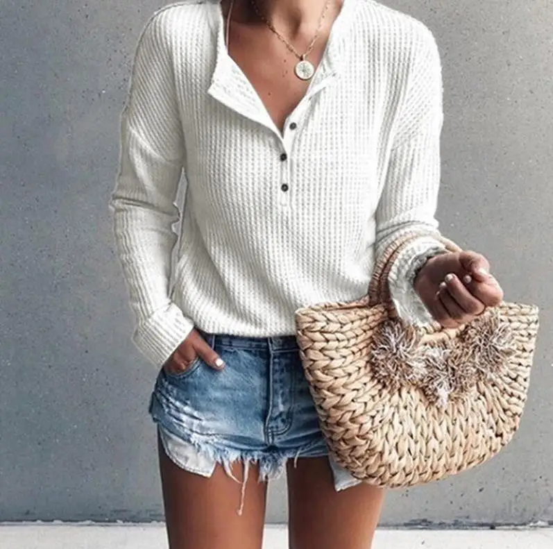 Knitting pullover Button V Neck Sweater Women Autumn Winter 2019 Jumper Female Top White Long Sleeve Cotton Knitwear Clothes | Женская