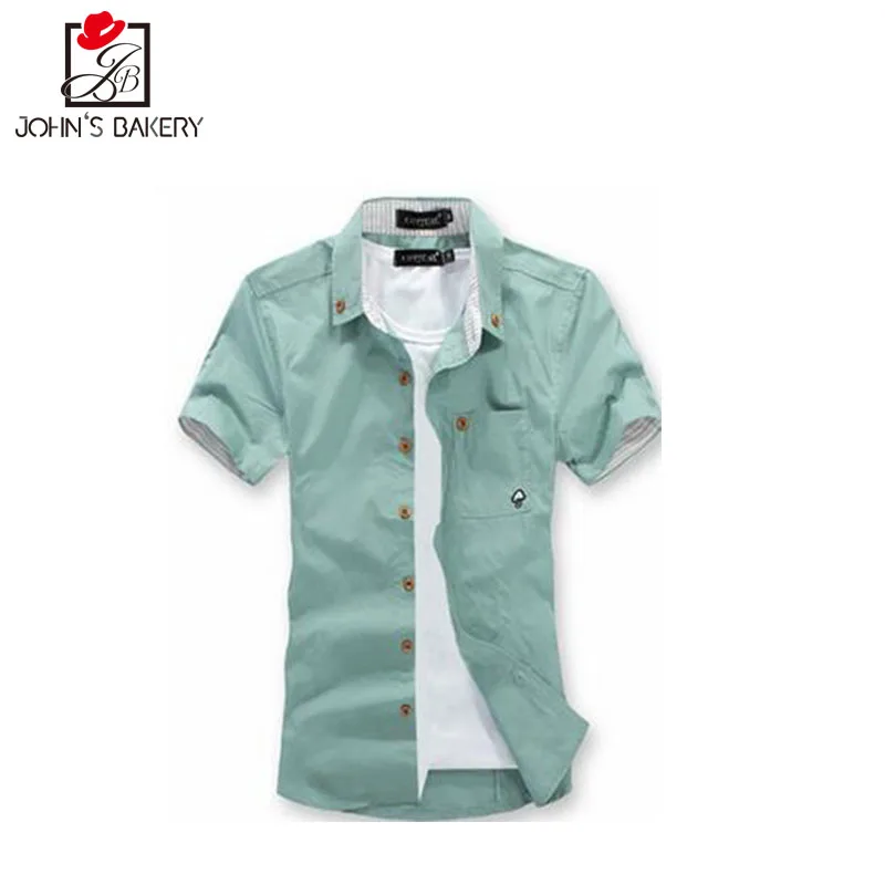 2017 Новая мода бренд Для мужчин рубашка сплошной Цвет платье короткий рукав Slim Fit