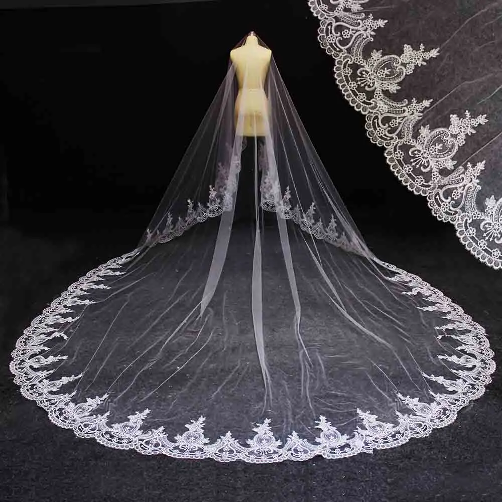 Однослойная свадебная вуаль с кружевными краями роскошная длинная без расчески