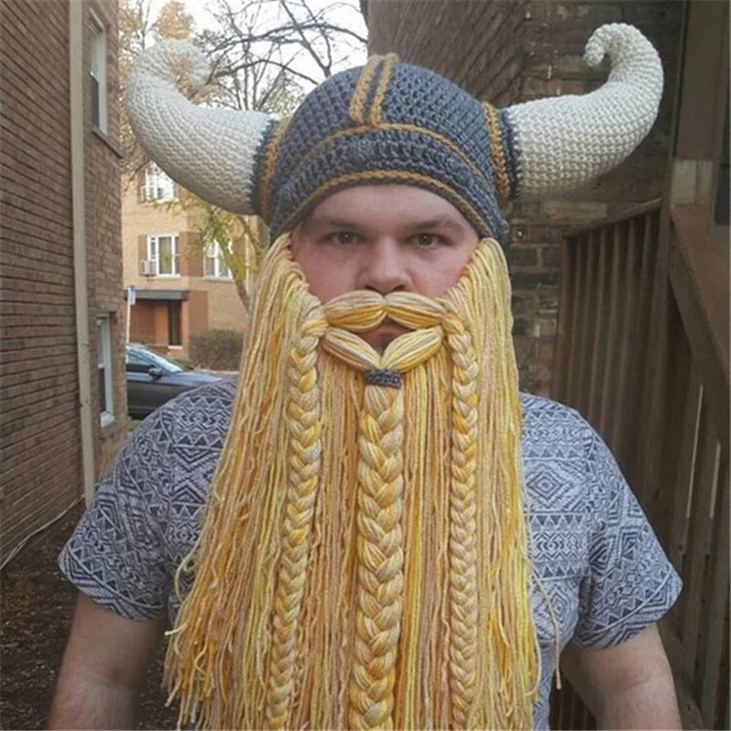 Забавные мужские вязаные шапки Vikings Beanies ручной работы с рогом бороды зимние