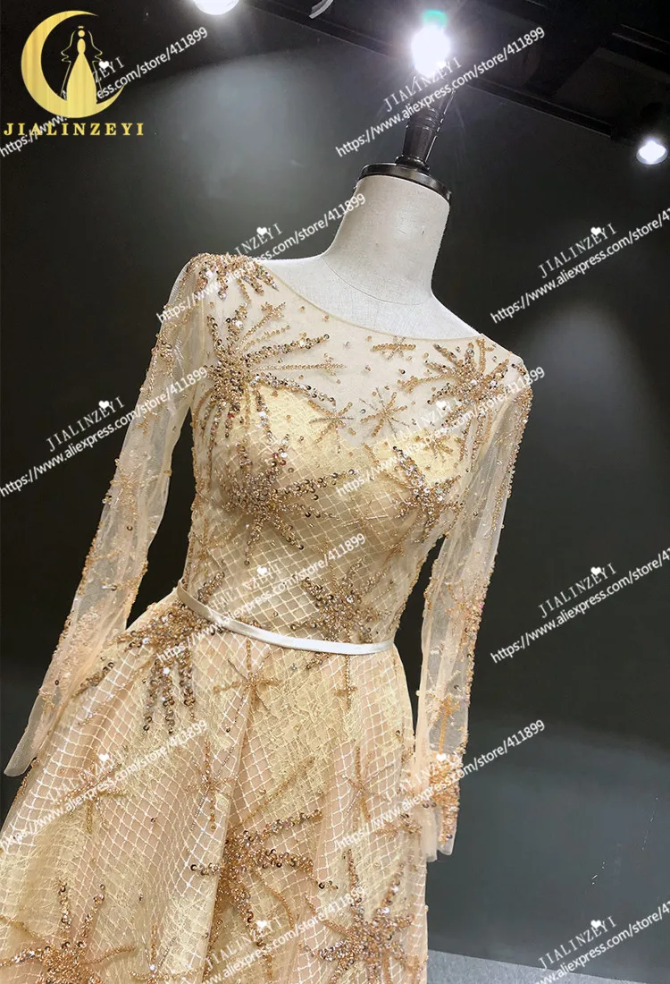 JIALINZEYI Real Pictures Champange lace and Gold Beads Long Sleeves Knee Length vestido de noiva Party Dress Prom Dresses