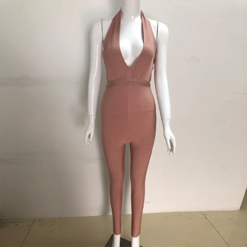 Summer Bandage Jumpsuit High Quality Rayon Bodyocn Khaki Blue Sleeveless V Neck Sexy Bodycon Stretch Party Jumpsuits Wholesale