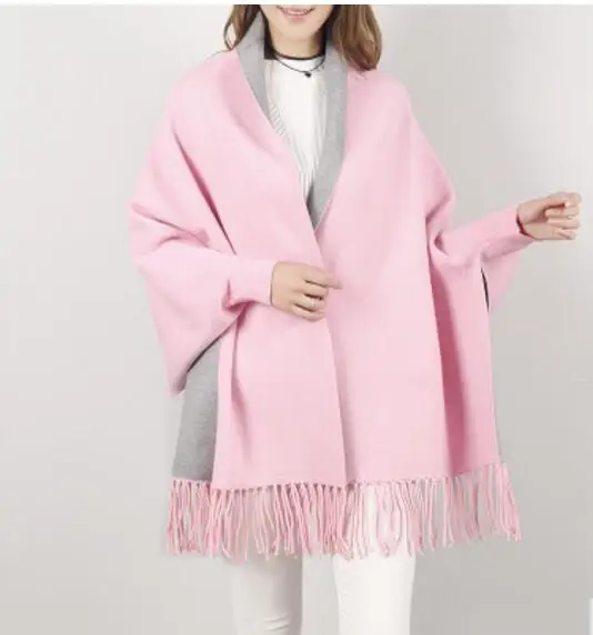 Pink With Grey Большой черный с серым шарфом, зимнее Вязаное пончо, женское одноцветное 70*210 см, рукав летучая мышь, шаль в винтажном стиле - Цвет: Pink With Grey