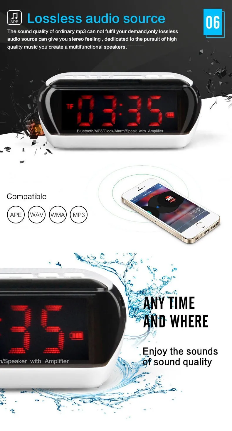 Портативный многофункциональный двойной будильник Bluetooth/беспроводной динамик FM радио Отображение времени TF слот для карты