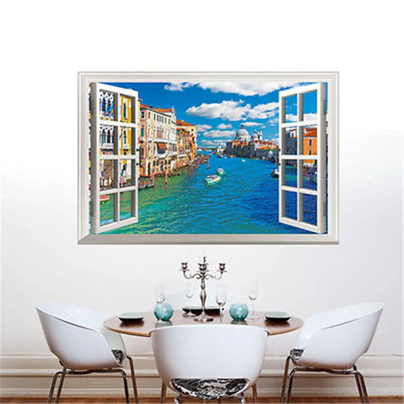 Большие 3D наклейки на стены окна Италия Венеция Город река виниловые настенные
