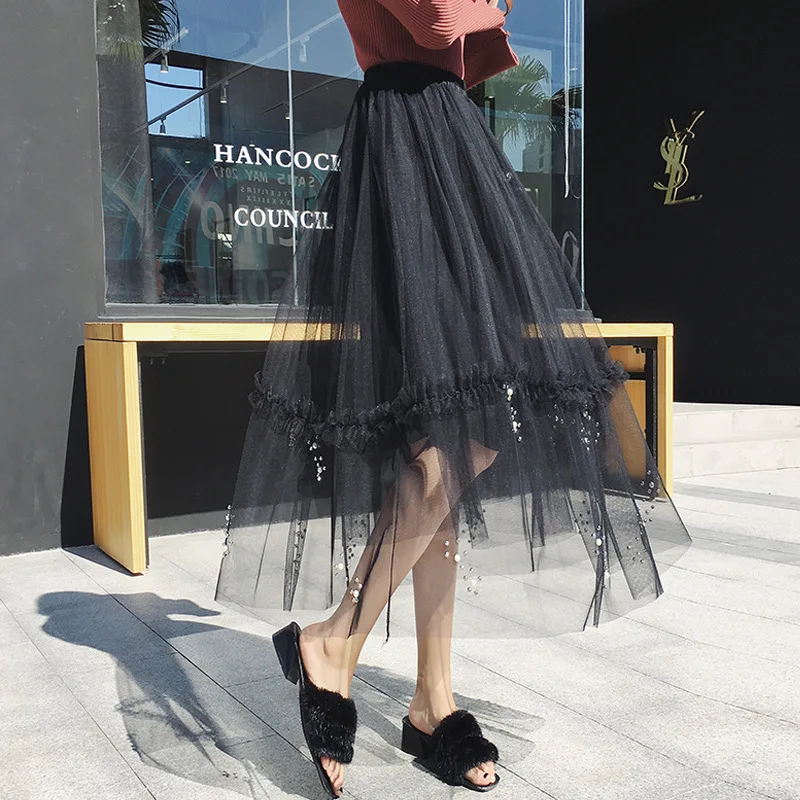 Новые корейские юбки Женская длинная юбка из тюля с бисером модная дикая большая