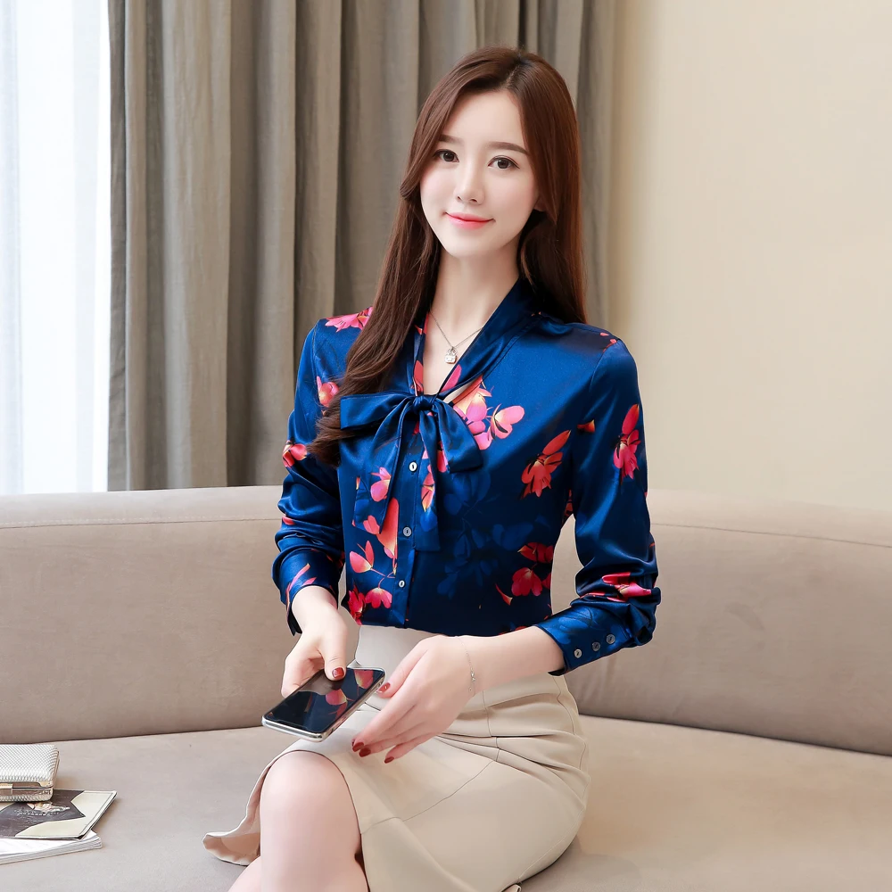 Женская офисная блузка с бантом Элегантная синего цвета длинным рукавом размера