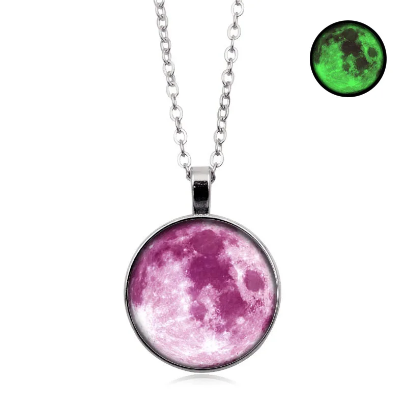 7 Hot sale Glow In The Dark Moon Pendant Necklace Galaxy Planet Glass Cabochon Luminous Jewelry Silver Chain Necklace Women - Окраска металла: 7