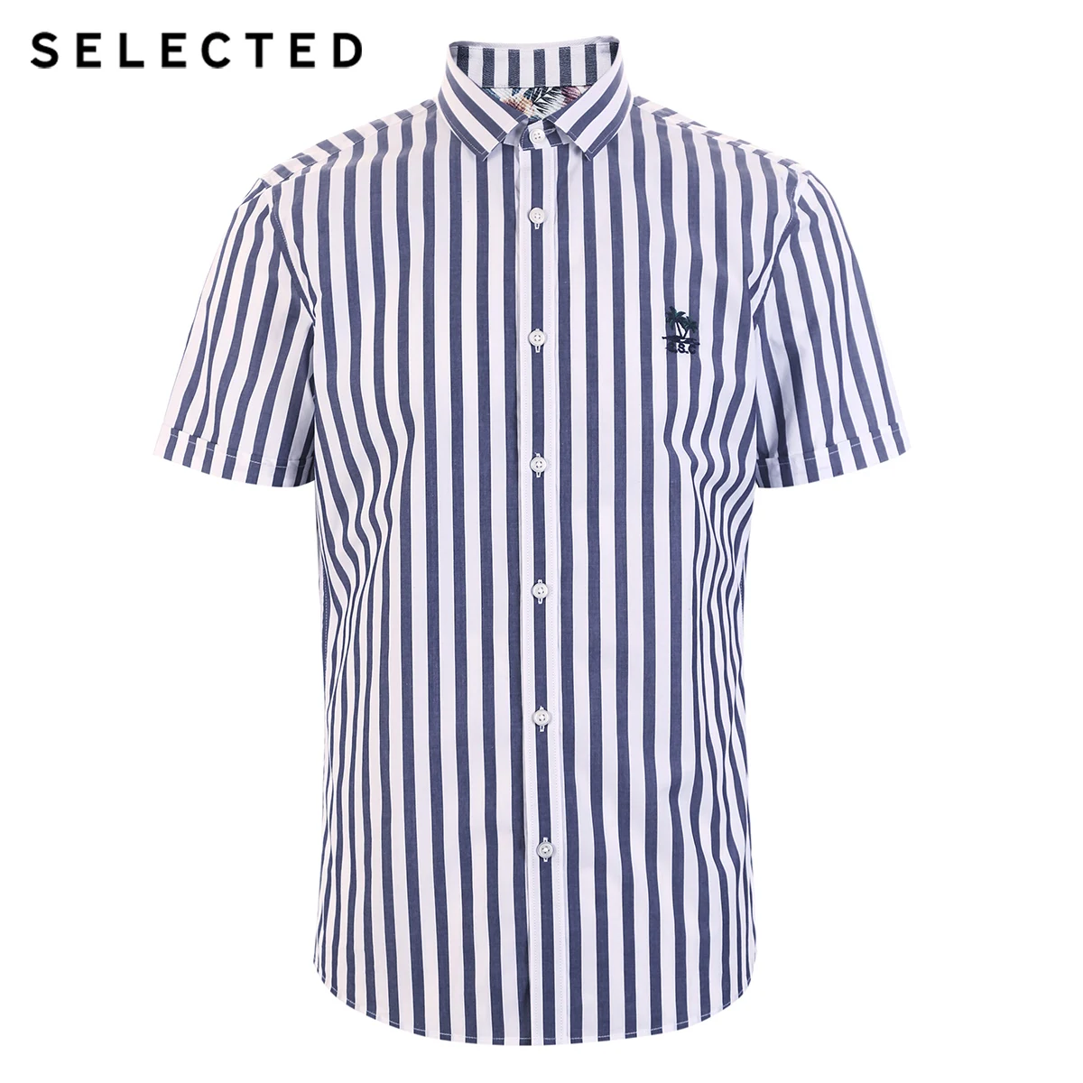 Мужская хлопковая Повседневная рубашка в полоску с вышивкой коротким рукавом