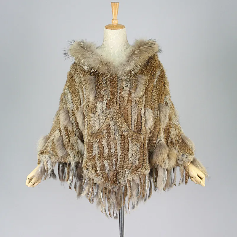 MLHXFUR Вязаное пончо из натурального кроличьего меха с капюшоном шаль енота