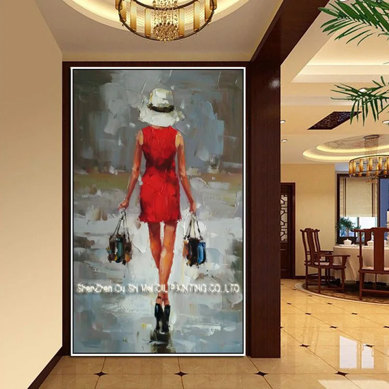 Hand Painted Red Dress Woman's Figure Shopping Oil Paintings Impression Character Painting on Canvas For Living Room Decor Art | Дом и сад